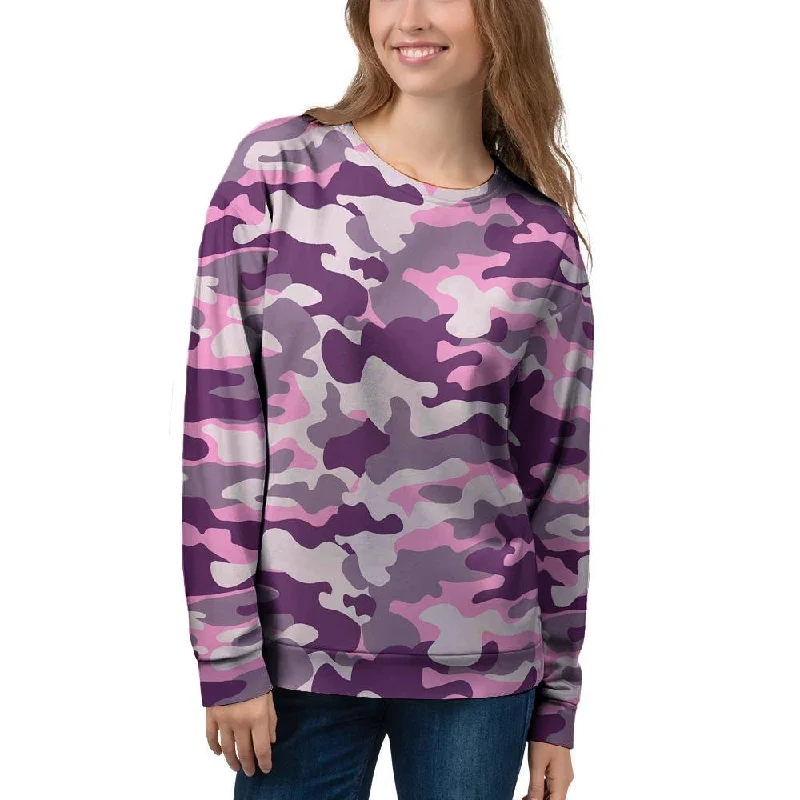 Pink Camouflage Print Women's Sweatshirt Hoodie with Hem Elastic Stretchable Comfortable