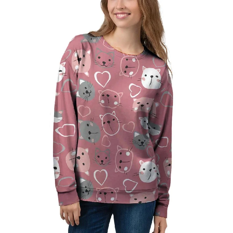 Pink Cat Face Print Women's Sweatshirt Hoodie with Back Slit Movement Comfort