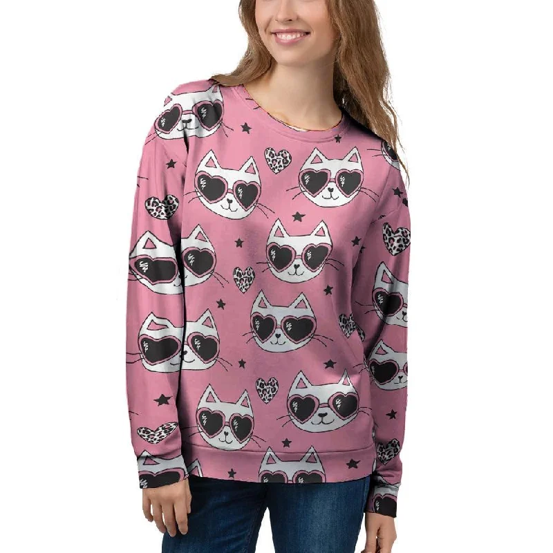 Pink Cat Print Women's Sweatshirt Hoodie with Slit Hem Functional Movement