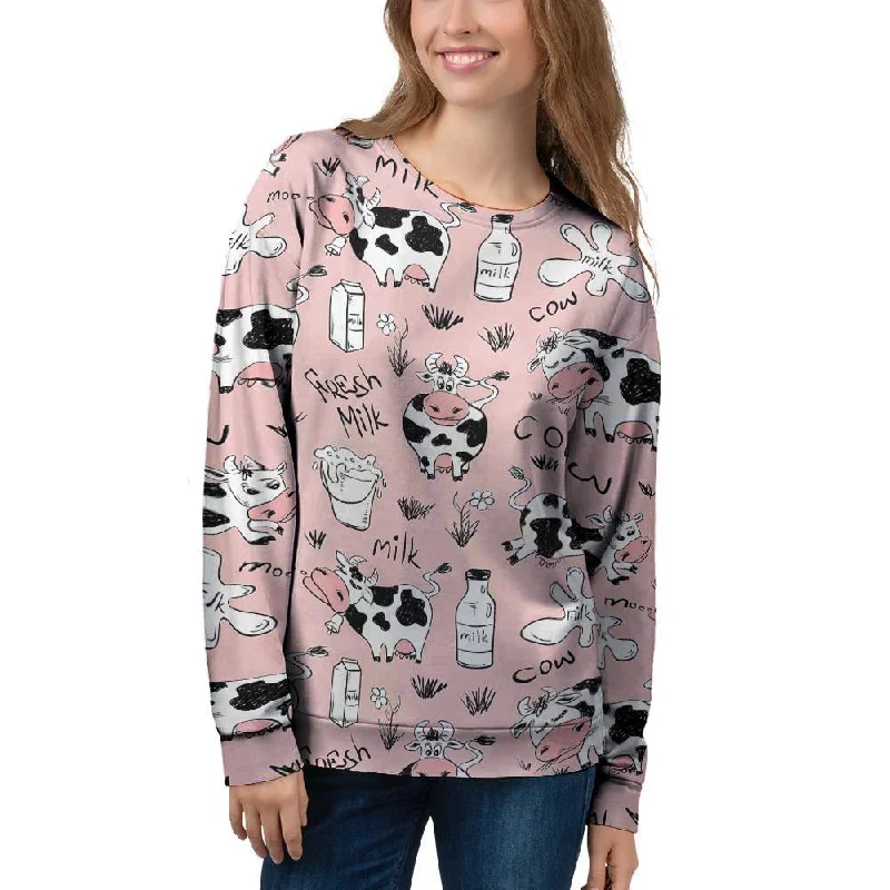 Pink Cow And Milk Print Women's Sweatshirt Hoodie with Double Zipper Versatile Adjustable