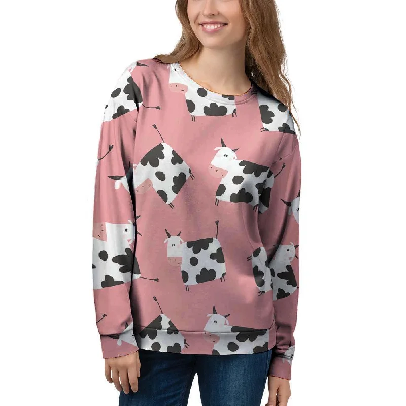 Pink Cow Pattern Print Women's Sweatshirt Hoodie with Zipper Placket Modern Functional