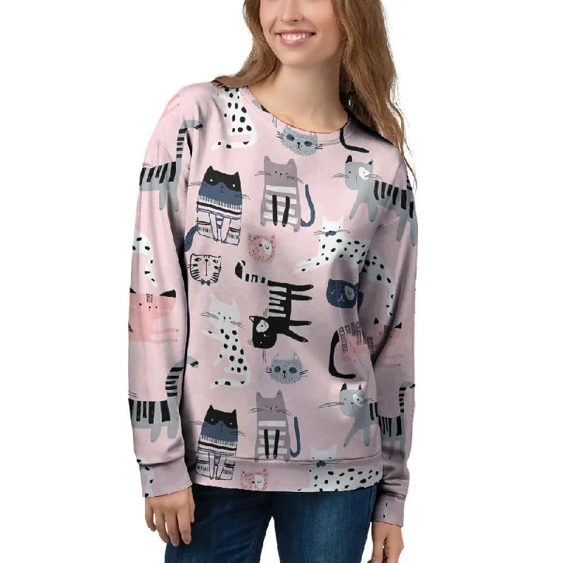 Pink Cute Cat Print Women's Sweatshirt Hoodie with V-Neck Classic Versatile