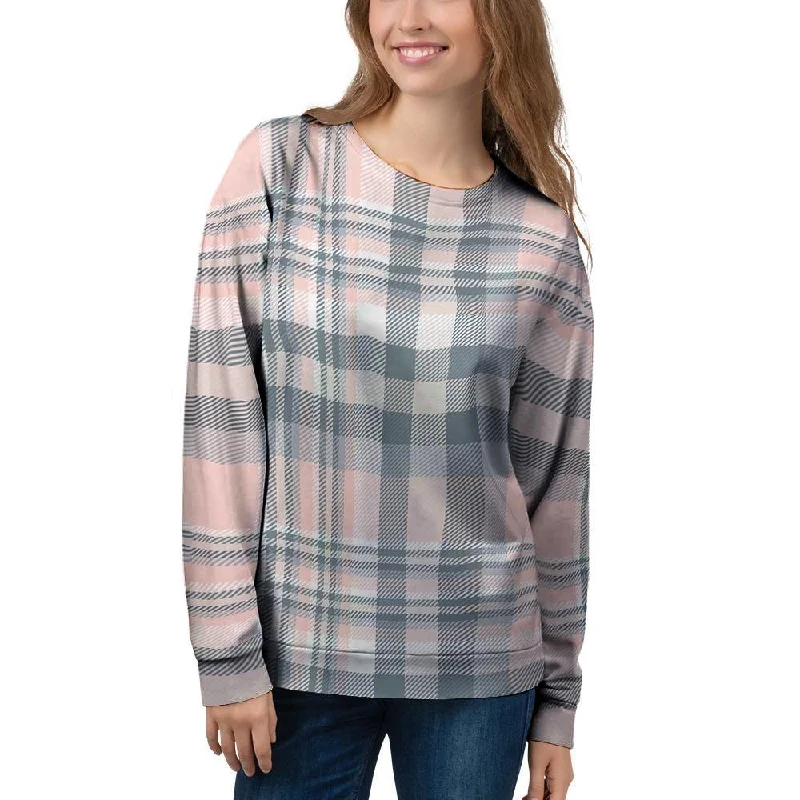 Pink Grey Plaid Tartan Women's Sweatshirt Hoodie with Raglan Sleeves Sporty Comfortable