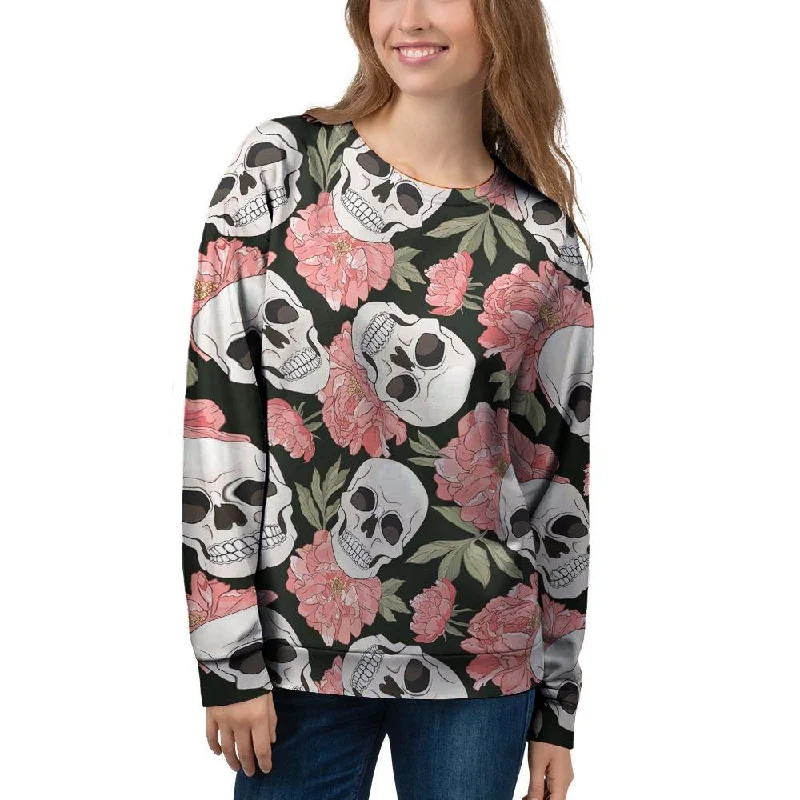 Pink Peony Skull Women's Sweatshirt Hoodie with Fur Luxurious Winter