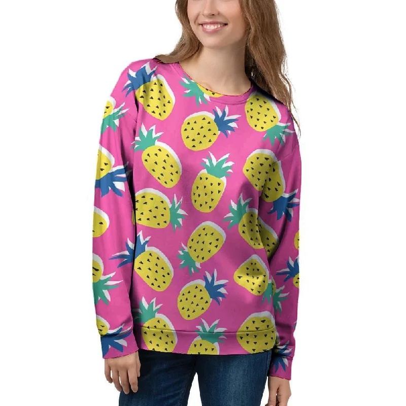 Pink Pineapple Print Women's Sweatshirt Hoodie with Ribbed Hem Stretchable Secure