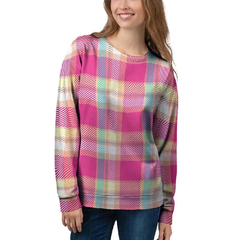 Pink Plaid Tartan Print Women's Sweatshirt Hoodie Crop Top Short Trendy