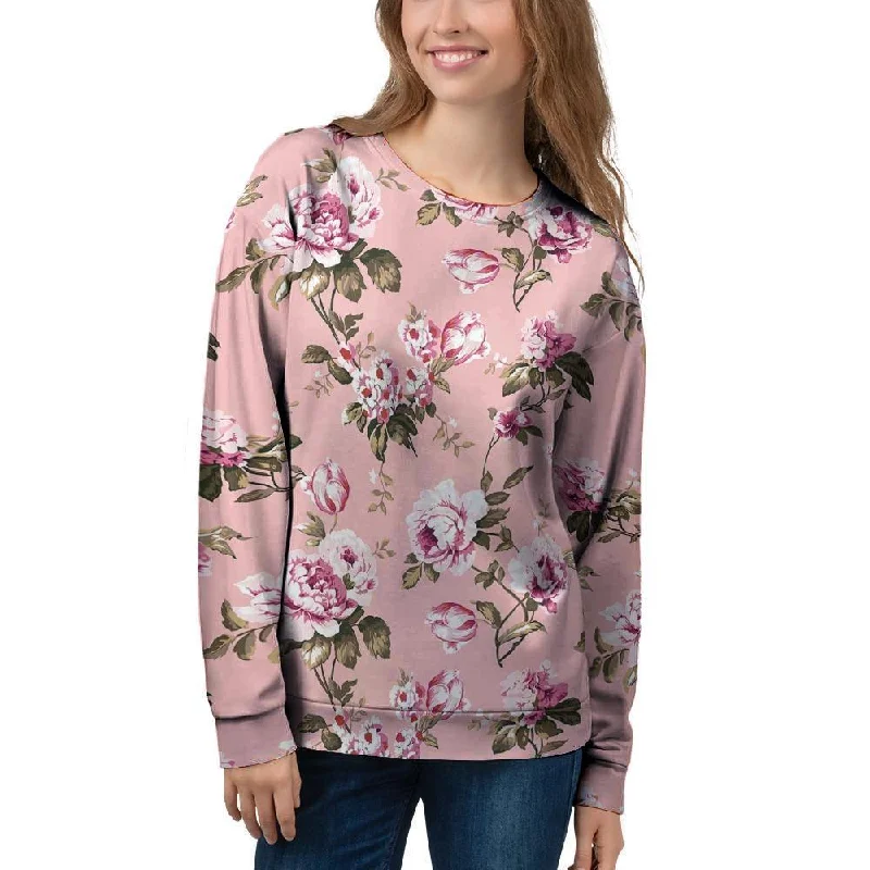 Pink Rose Floral Print Women's Sweatshirt Hoodie with Hem Lace Feminine Delicate