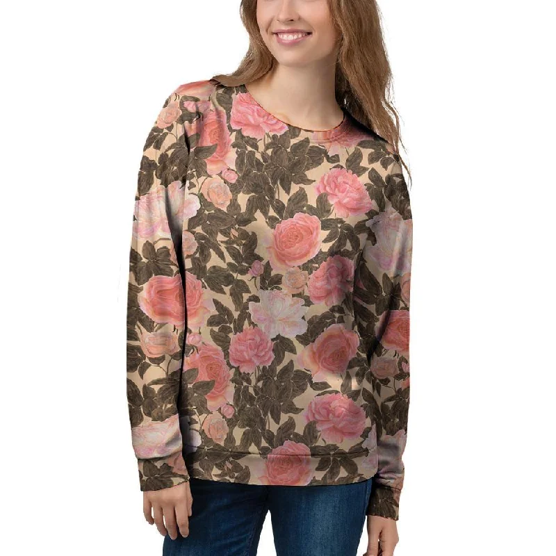 Pink Rose Floral Women's Sweatshirt Hoodie with Hem Frayed Vintage Worn