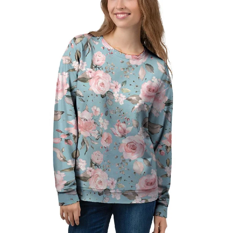 Pink Rose Flower Print Women's Sweatshirt Hoodie with Back Slit Movement Comfort