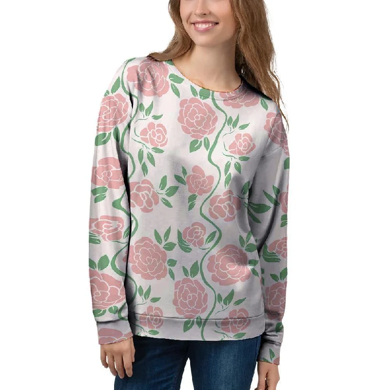 Pink Rose Flower Women's Sweatshirt Hoodie with Hem Elastic Stretchable Comfortable