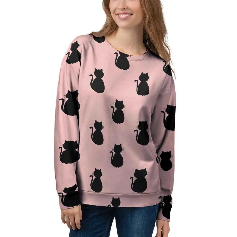 Pink Silhouette Cat Print Women's Sweatshirt Hoodie with Velcro Closure Adjustable Secure