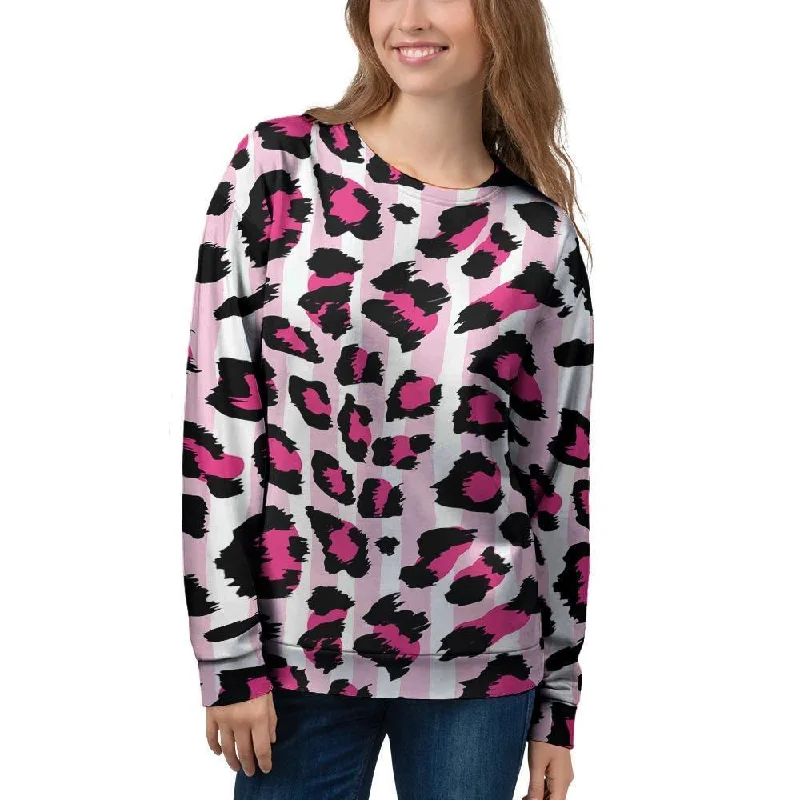 Pink Striped Leopard Women's Sweatshirt Hoodie with Double Zipper Versatile Adjustable