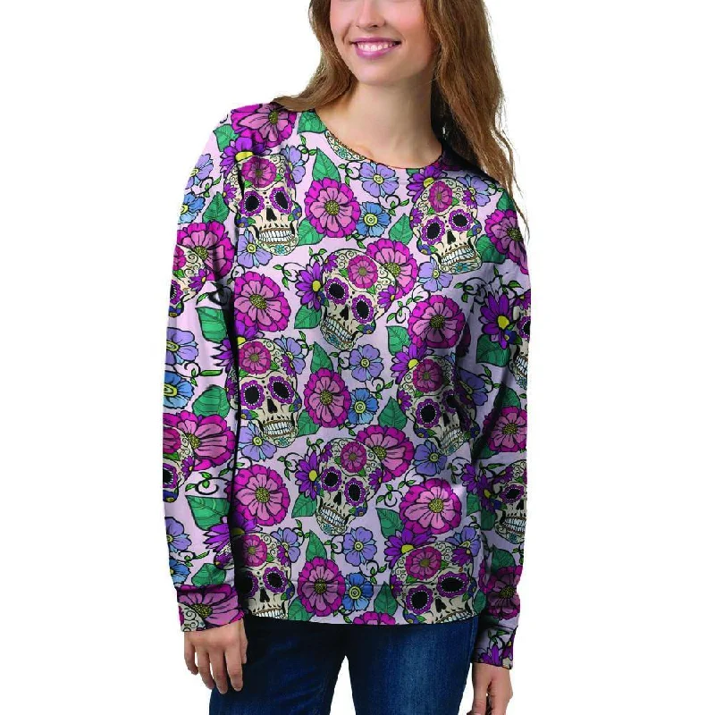 Pink Sugar Skull Floral Women's Sweatshirt Hoodie with Zipper Placket Modern Functional