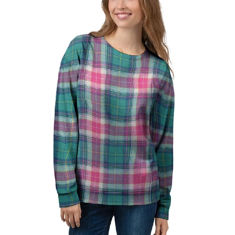 Pink Teal Plaid Tartan Women's Sweatshirt Hoodie with Mock Neck Collared Structured