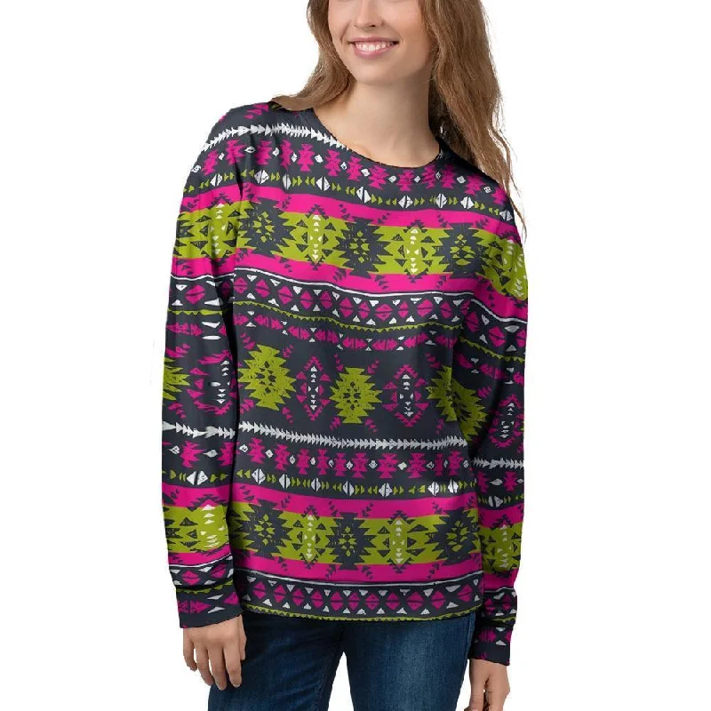 Pink Tribal Aztec Grunge Women's Sweatshirt Hoodie with Bell Sleeves Flared Feminine