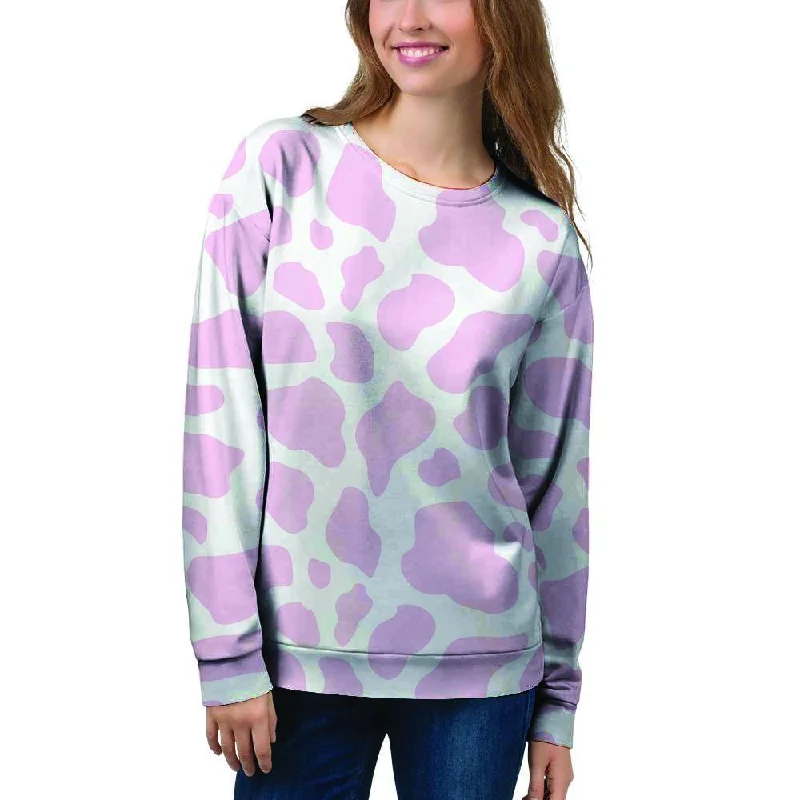 Pink White Cow Print Women's Sweatshirt Hoodie with Raglan Sleeves Sporty Comfortable