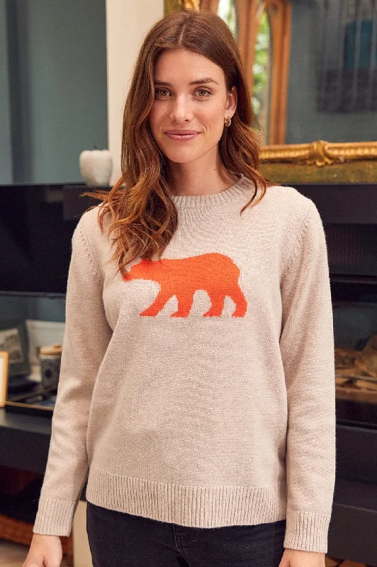 Merino Wool Polar Bear Jumper | Oat/Orange Silk Blend Satin Velvet