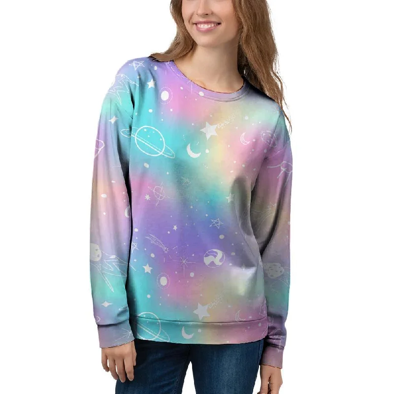 Print Holographic Women's Sweatshirt Hoodie with Lace Feminine Delicate