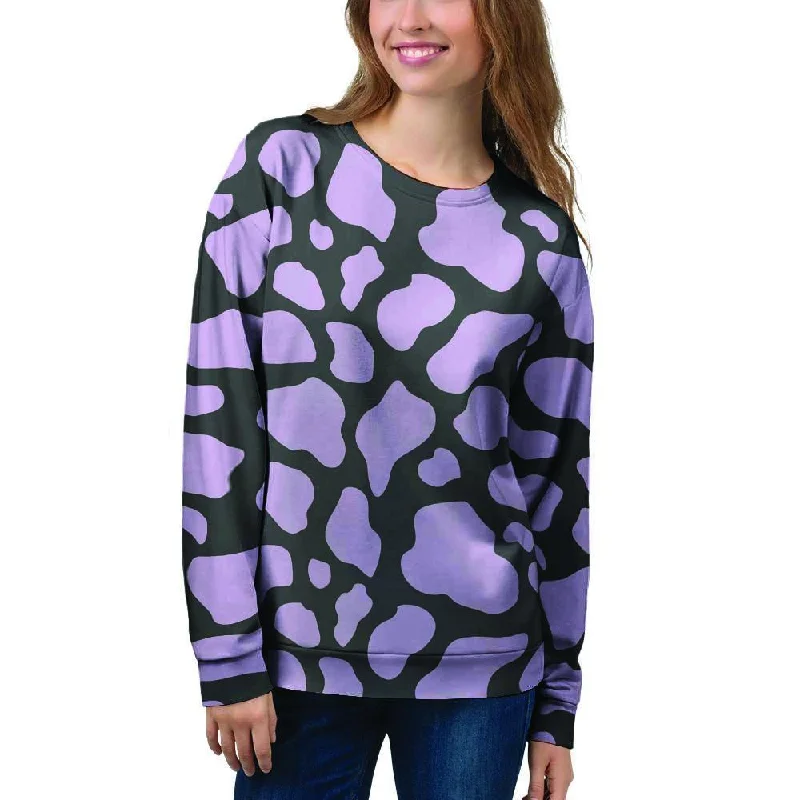 Purple And Black Cow Print Women's Sweatshirt Hoodie with Hem Elastic Stretchable Comfortable