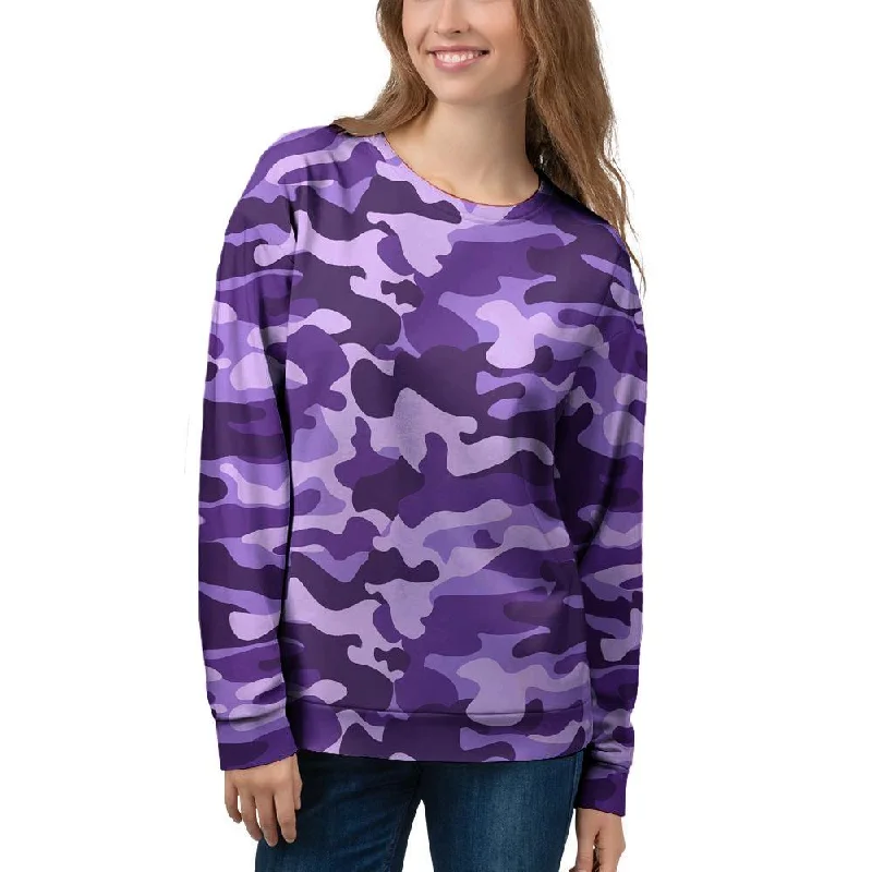 Purple Camo Print Women's Sweatshirt Hoodie with Slit Hem Functional Movement