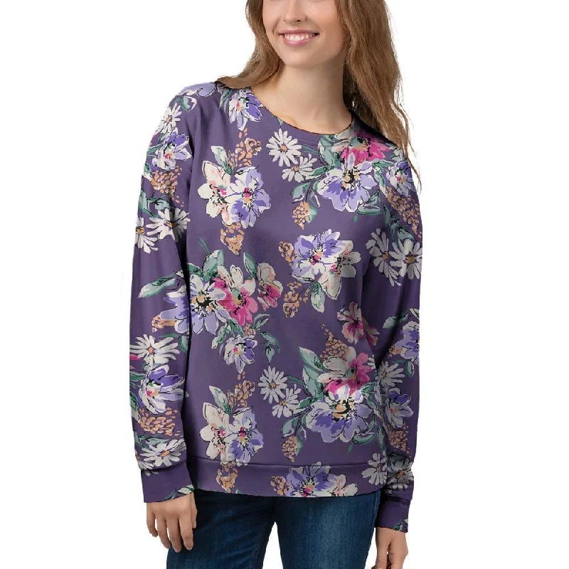 Purple Floral Print Women's Sweatshirt Hoodie with Tied Waist Feminine Flattering