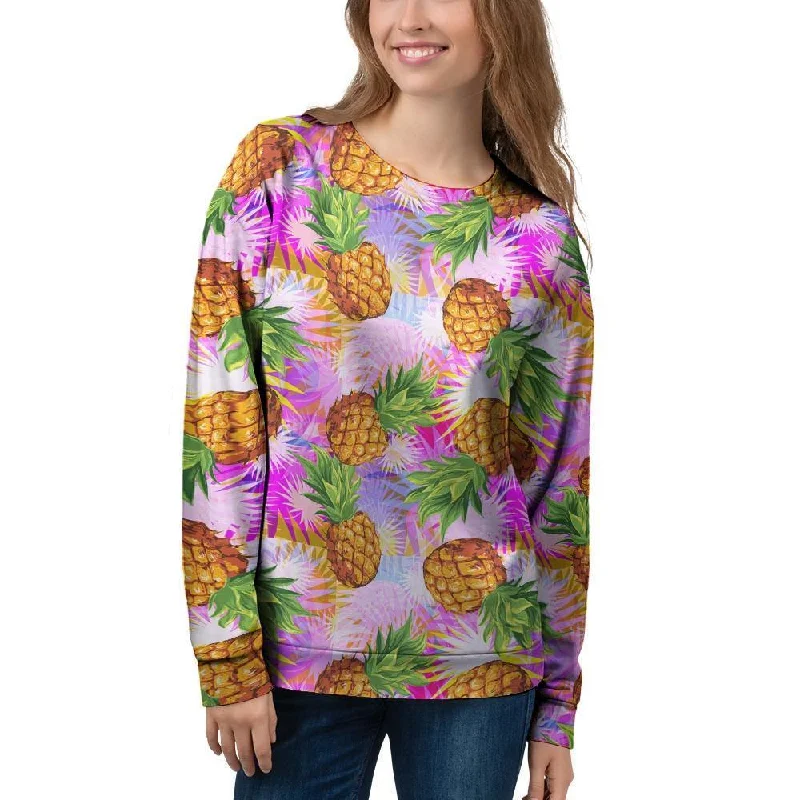 Purple Neon Pineapple Hawaiian Print Women's Sweatshirt Hoodie with Double Zipper Versatile Adjustable