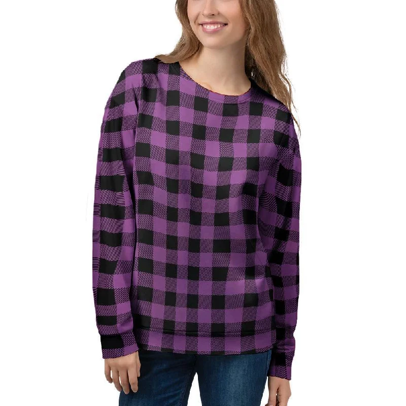 Purple Plaid Women's Sweatshirt Hoodie with Hidden Zipper Minimalist Clean