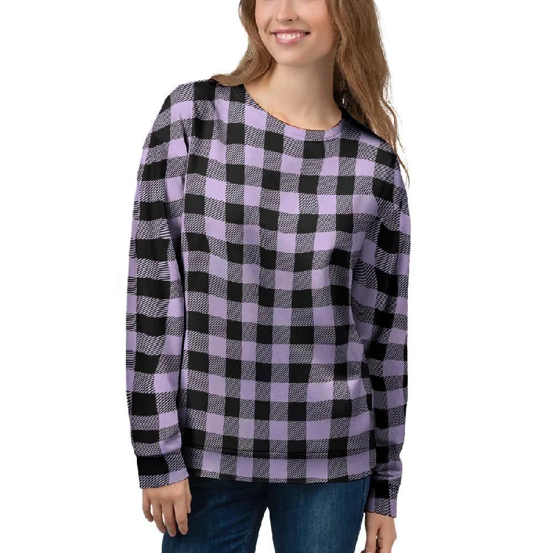 Purple Violet Plaid Women's Sweatshirt Hoodie with Batwing Sleeves Loose Dramatic