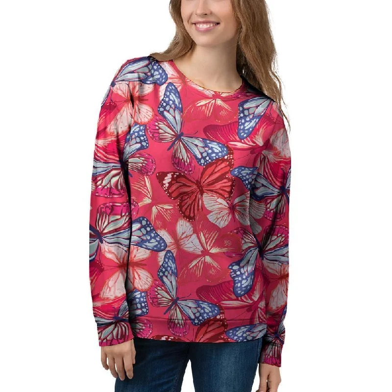 Red and Blue Butterfly Print Women's Sweatshirt Hoodie with Emblem Brand Identity