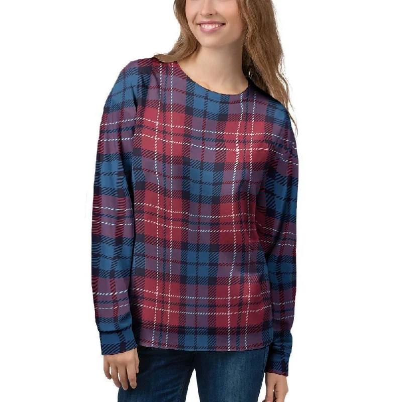 Red And Blue Plaid Tartan Women's Sweatshirt Hoodie with Color Block Contrast Stylish