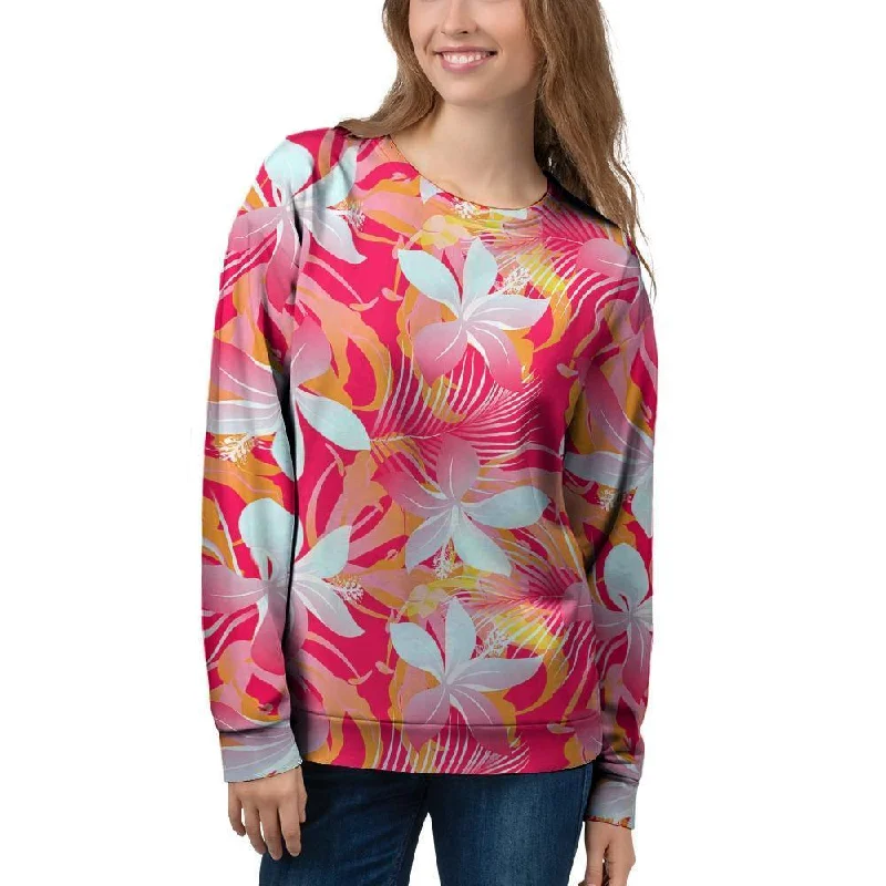 Red And Orange Hibiscus Hawaiian Print Women's Sweatshirt Hoodie with Button Classic Timeless