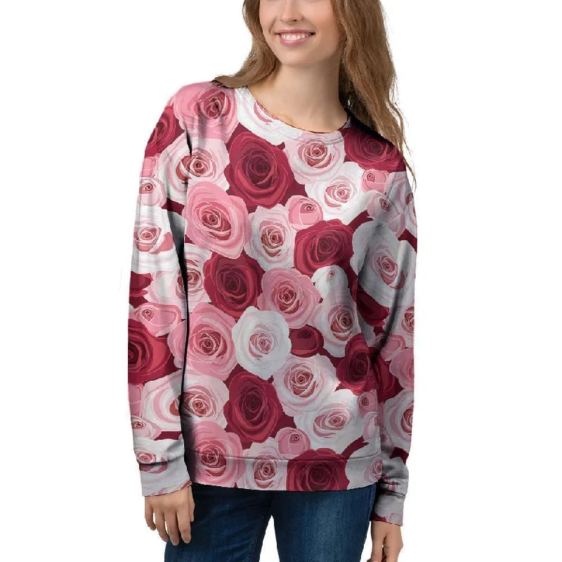 Red And Pink Rose Floral Women's Sweatshirt Hoodie with Embroidery Detailed Premium