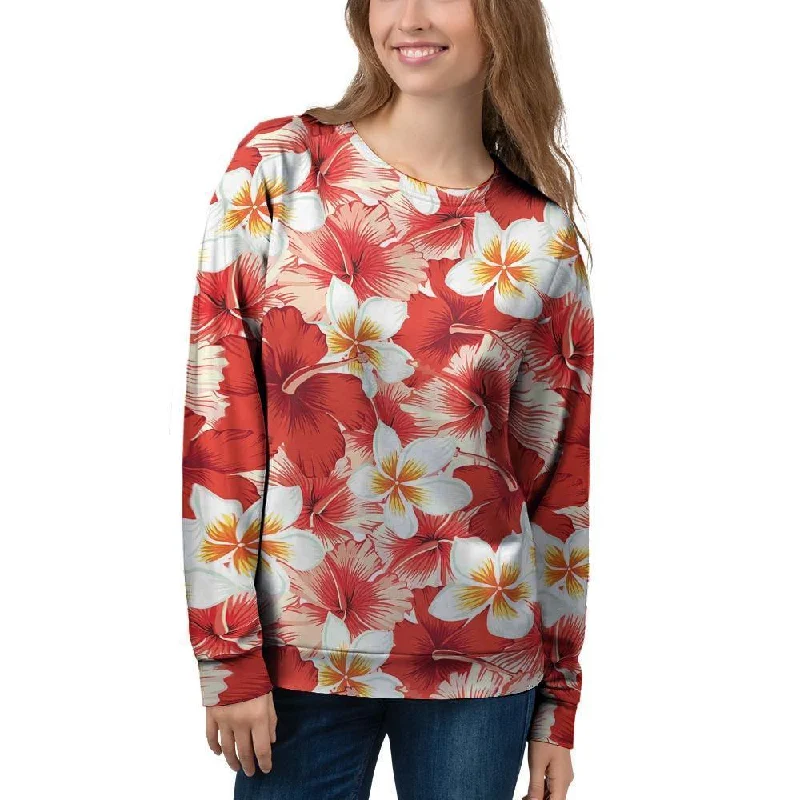 Red And White Hibiscus Hawaiian Print Women's Sweatshirt Hoodie Crop Top Short Trendy