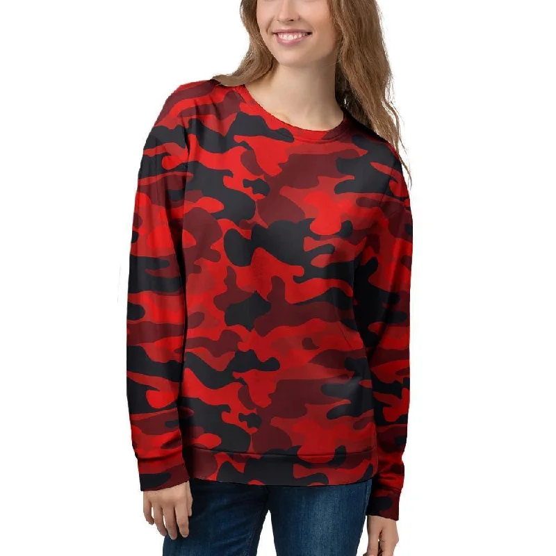 Red Camo Print Women's Sweatshirt Hoodie with Hem Patch Decorative Personalized