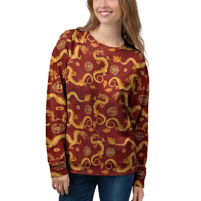 Red Chinese Dragon Women's Sweatshirt Hoodie with Hem Elastic Stretchable Comfortable