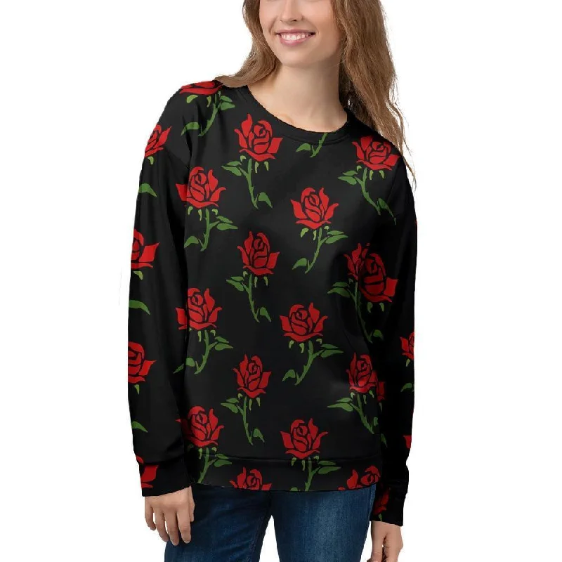 Red Doodle Rose Floral Women's Sweatshirt Hoodie with Belted Waist Structured Tailored