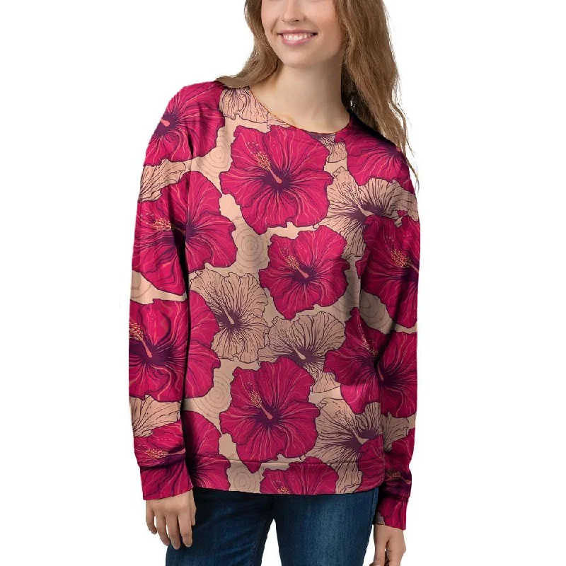 Red Hibiscus Flower Print Women's Sweatshirt Hoodie with Full-Zip Functional Layering