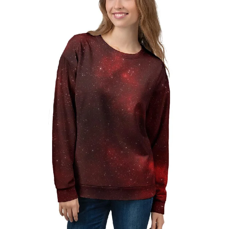 Red Nebula Galaxy Space Women's Sweatshirt Hoodie with Zipper Placket Modern Functional