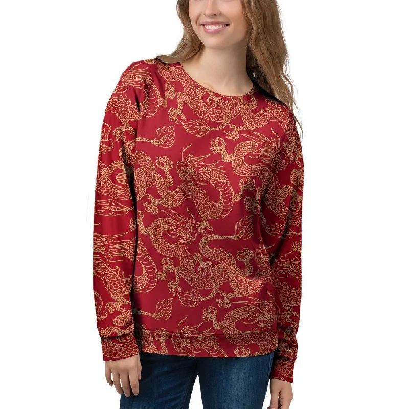 Red Oriental Chinese Dragon Women's Sweatshirt Hoodie with Mock Neck Collared Structured