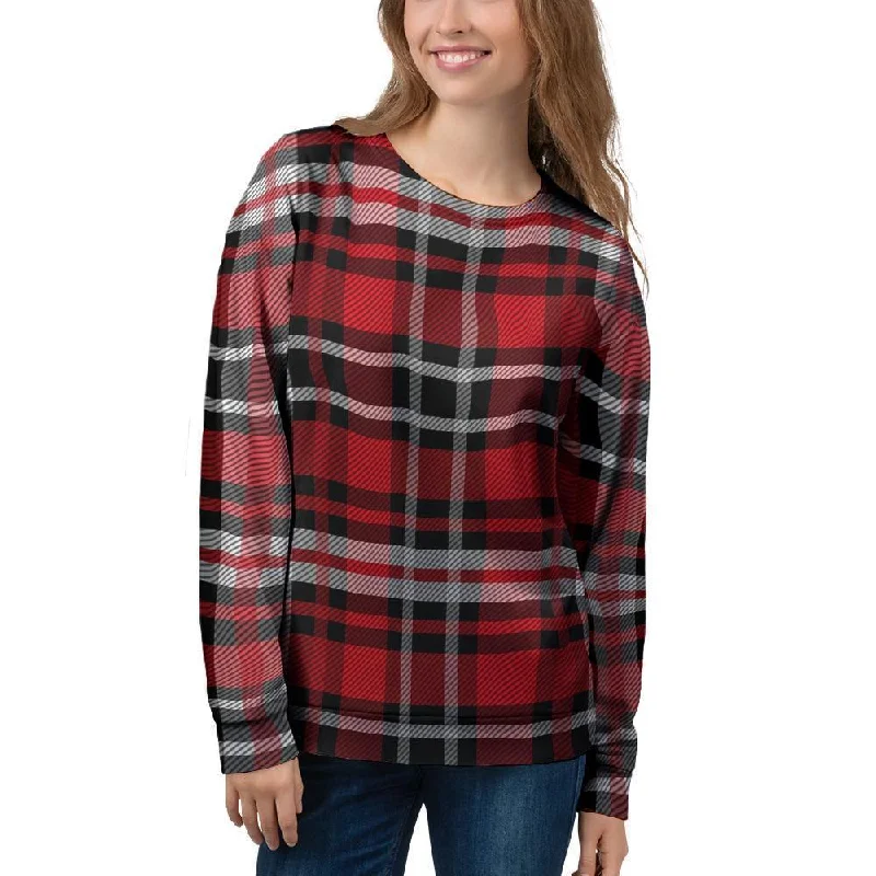 Red Plaid Tartan Print Women's Sweatshirt Hoodie with Puffed Sleeves Voluminous Trendy