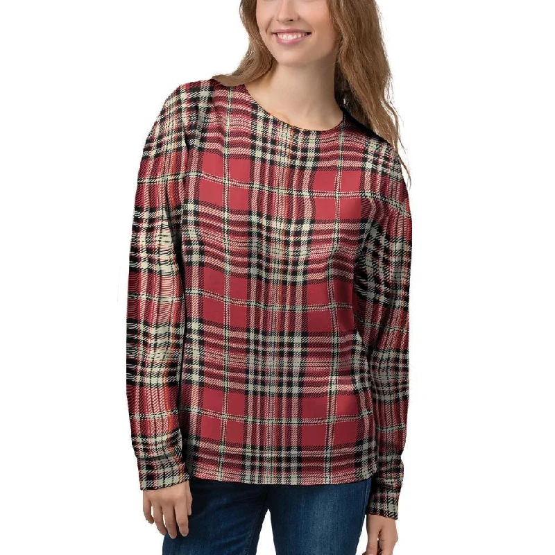 Red Plaid Tartan Scottish Women's Sweatshirt Hoodie with Set-In Sleeves Structured Classic