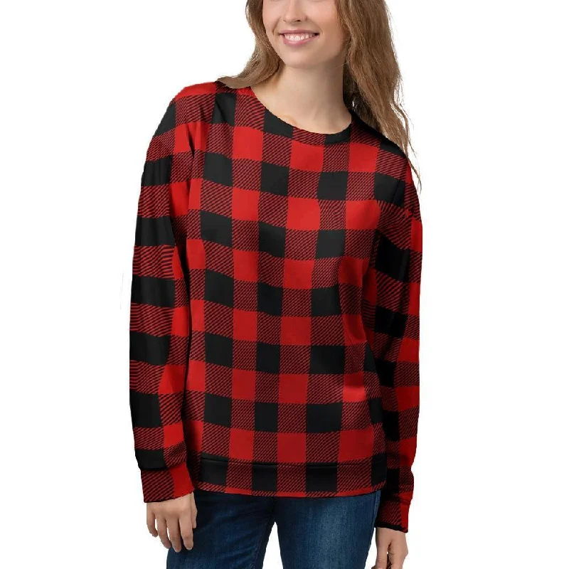 Red Plaid Women's Sweatshirt Hoodie with V-Neck Classic Versatile