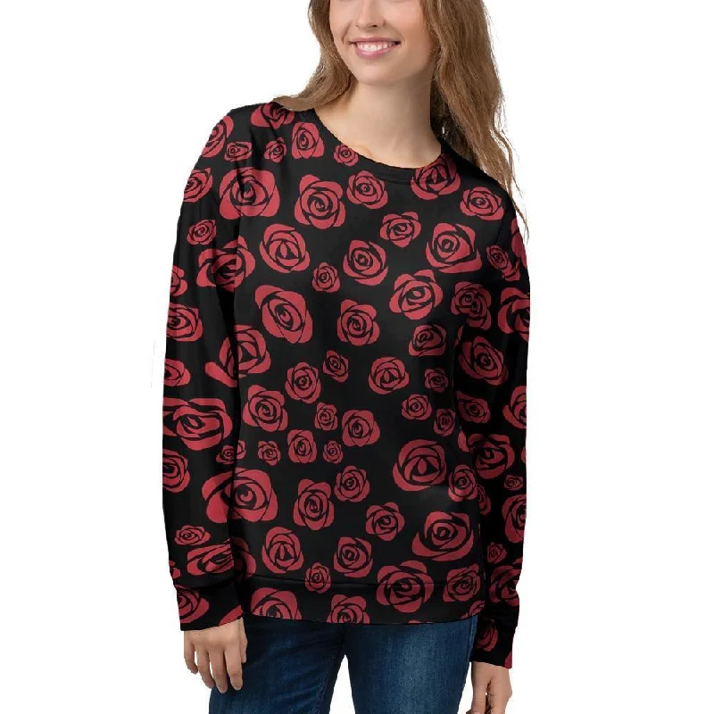 Red Rose Floral Doodle Women's Sweatshirt Hoodie with Raw Hem Edgy Unfinished