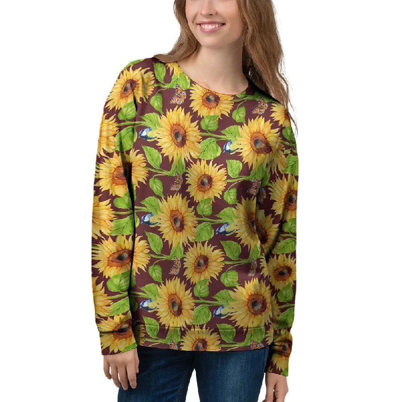 Sunflower With Bird And Butterfly Women's Sweatshirt Hoodie with Crew Neck Simple Timeless