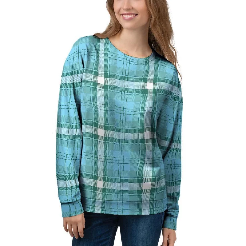 Tartan Aqua Blue Plaid Women's Sweatshirt Hoodie with Lace Feminine Delicate