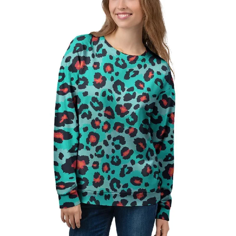 Teal Leopard Women's Sweatshirt Hoodie with Hem Embroidery Detailed Premium