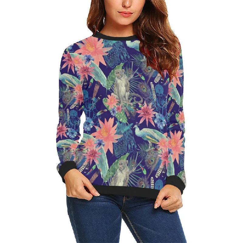 Tropical Monkey Print Pattern Women Crewneck Sweatshirt Hoodie with Hem Embroidery Detailed Premium