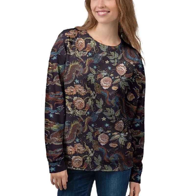 Vintage Chinese Dragon Floral Print Women's Sweatshirt Hoodie with Button Classic Timeless