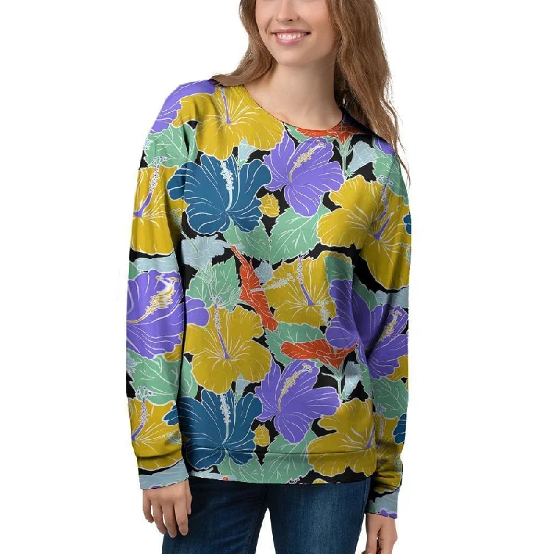 Violet Hibiscus Flower Hawaiian Print Women's Sweatshirt Hoodie with Hem Lace Feminine Delicate