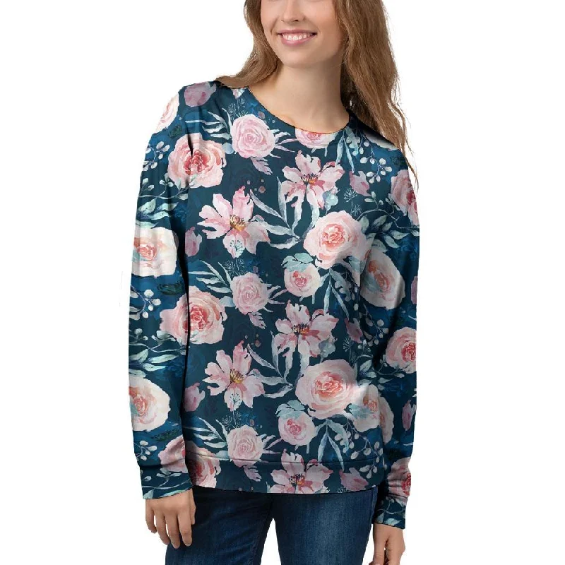 Watercolor Pink Rose Floral Women's Sweatshirt Hoodie with Full-Zip Functional Layering